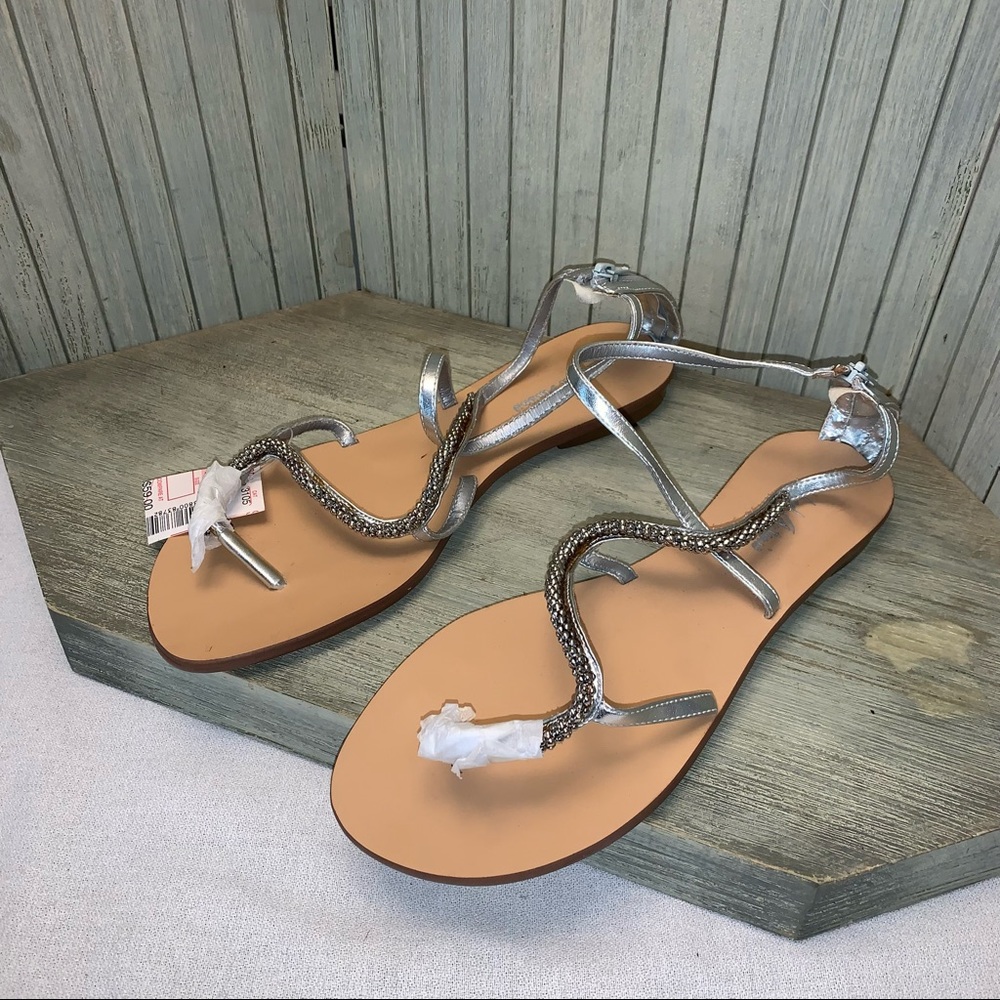 NWT Michael Antonio Silver Beaded Heel Zip Strappy Flat Sandals 8M